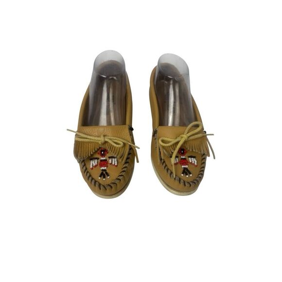 Minnetonka tan leather moccasins with beaded thunderbird design - Picture 7 of 8